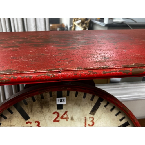 183 - An industrial style painted metal clock console table modelled as a set of scales, width 102cm, dept... 