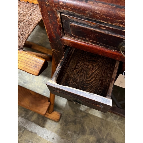 25 - A Chinese lacquered wood three drawer side table, width 43cm, depth 44cm, height 77cm