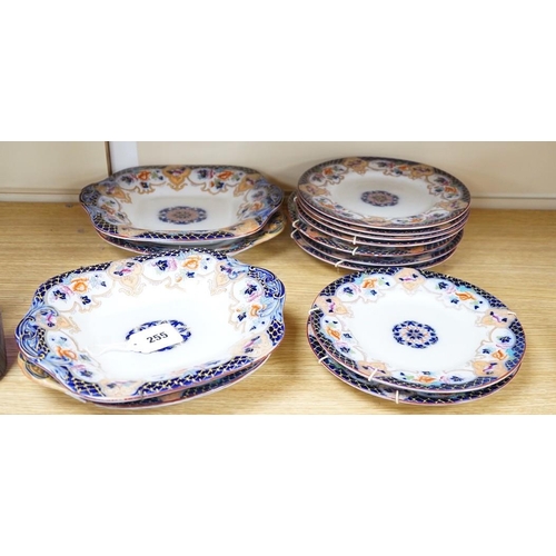 255 - A mid 19th century English ironstone part dessert service, comprising four comports and nine plates,... 