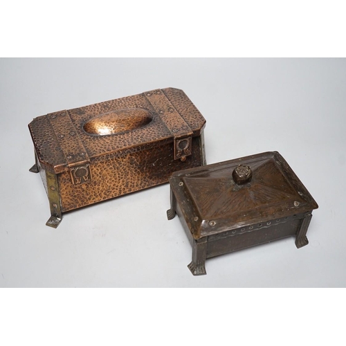 259 - An Arts & Crafts hammered copper and brass mounted casket 23cms wide x 9cms high, together with a sm... 