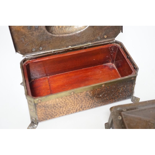 259 - An Arts & Crafts hammered copper and brass mounted casket 23cms wide x 9cms high, together with a sm... 