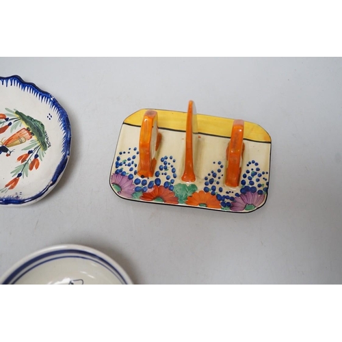 260 - A Clarice Cliff Bizarre Gayday pattern toast rack and a Quimper dish and bowl,toast rack 13cms long ... 