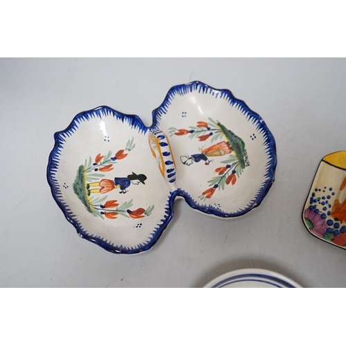 260 - A Clarice Cliff Bizarre Gayday pattern toast rack and a Quimper dish and bowl,toast rack 13cms long ... 