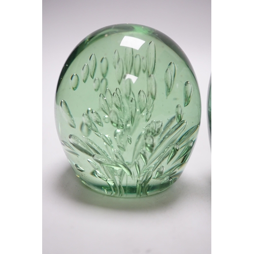 265 - Four 19th century green glass dumps, one floral, tallest 16cms high