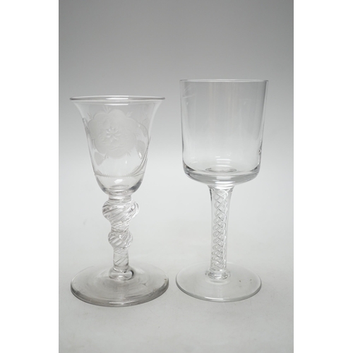 268 - Two airtwist stem glasses, one in Jacobite style (2), tallest 16cms high