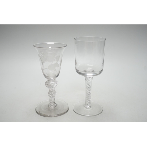 268 - Two airtwist stem glasses, one in Jacobite style (2), tallest 16cms high