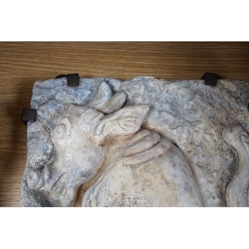 278 - Ruth Sulke, a  mounted studio ceramic and relief carved wax plaque, 31cms x 38cms