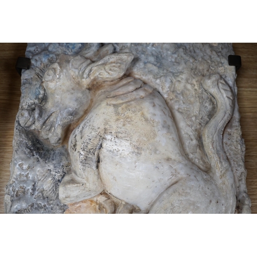 278 - Ruth Sulke, a  mounted studio ceramic and relief carved wax plaque, 31cms x 38cms