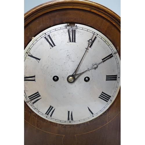 284 - A late 19th/early 20th century mahogany mantel clock with German striking movement and convex silver... 