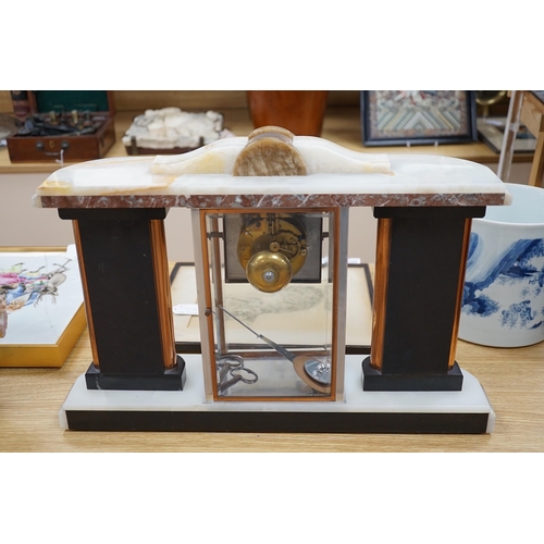 289 - An Art Deco chrome, copper, brass and alabaster four glass mantel clock, 54cms wide