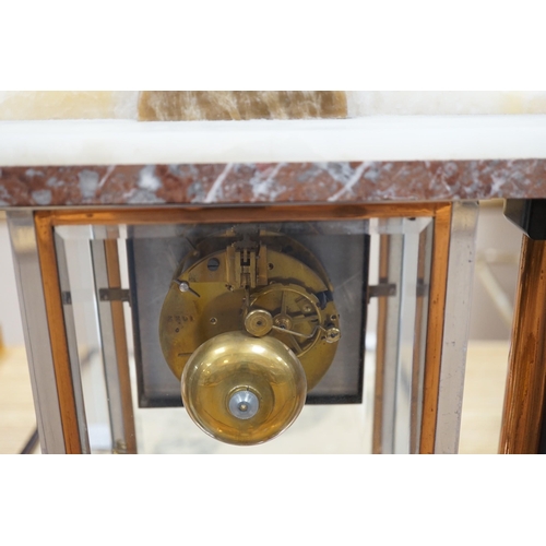 289 - An Art Deco chrome, copper, brass and alabaster four glass mantel clock, 54cms wide