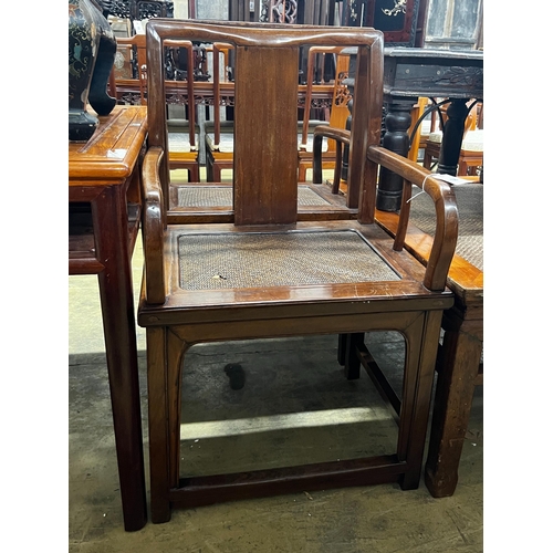 29 - A pair of Chinese caned hardwood elbow chairs, width 55cm, depth 44cm, height 97cm