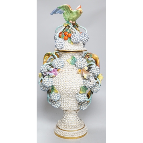 294 - A large 19th century Jacob Petit floral encrusted two handled vase and cover, decorated with birds a... 