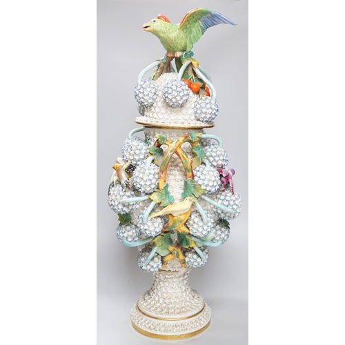 294 - A large 19th century Jacob Petit floral encrusted two handled vase and cover, decorated with birds a... 