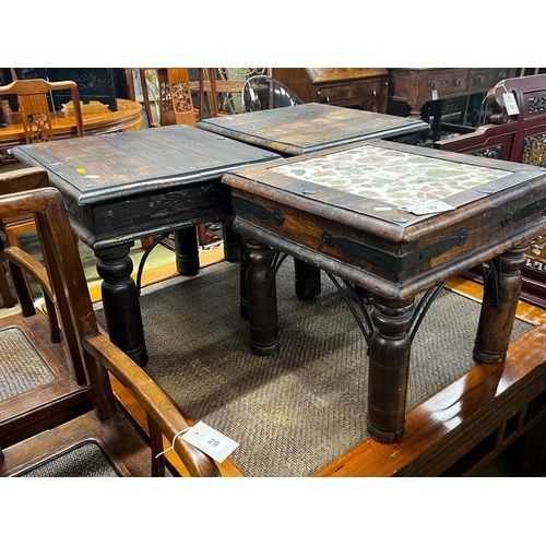 30 - An Indian tile top hardwood table and two similar small tables, largest width 46cm, depth 45cm, heig... 