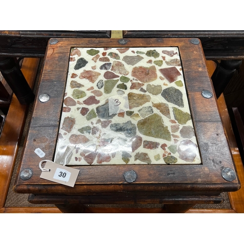 30 - An Indian tile top hardwood table and two similar small tables, largest width 46cm, depth 45cm, heig... 