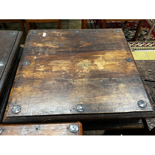 30 - An Indian tile top hardwood table and two similar small tables, largest width 46cm, depth 45cm, heig... 