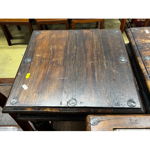 30 - An Indian tile top hardwood table and two similar small tables, largest width 46cm, depth 45cm, heig... 