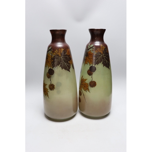 301 - A large pair of French glass enamelled vases with autumnal design. 42cm tall