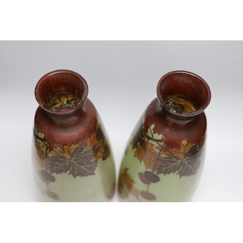 301 - A large pair of French glass enamelled vases with autumnal design. 42cm tall