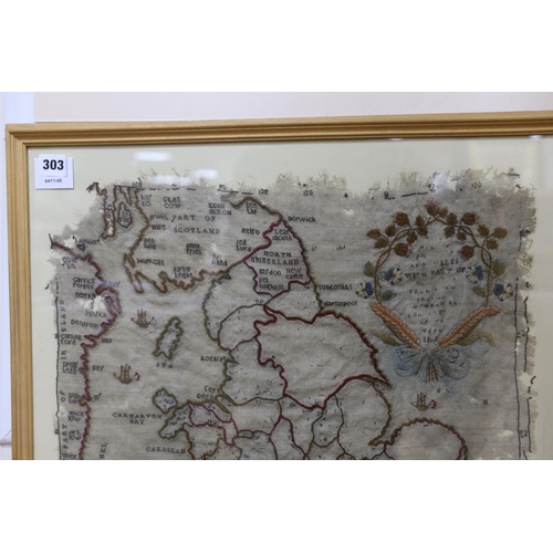 303 - A framed early 19th century map sampler of England and parts of Scotland and Wales. 55x49cm excl fra... 