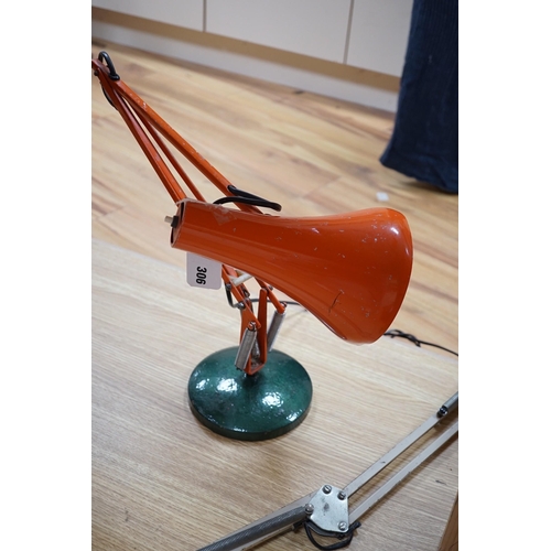 306 - Two 1960's and a later anglepoise lamps, tallest 84cms high