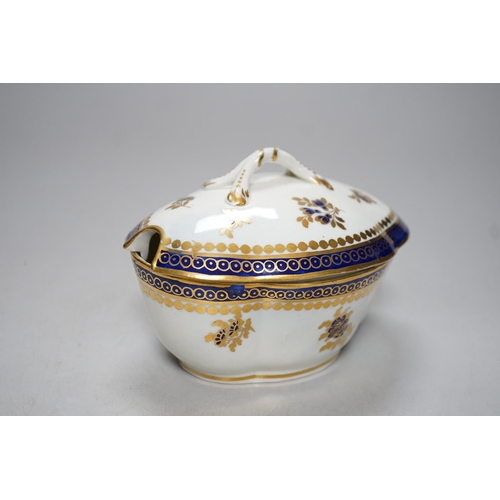 341 - An 18th century Caughley tureen cover and stand with blue and gilt decoration, stand mis-fired to bo... 