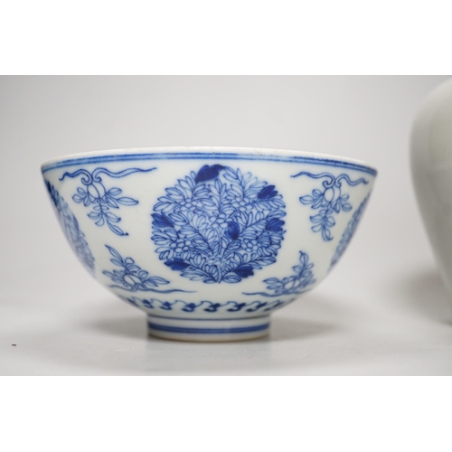 343 - A Chinese underglaze copper red meiping a.f. and a Chinese blue and white bowl. Tallest 15cm