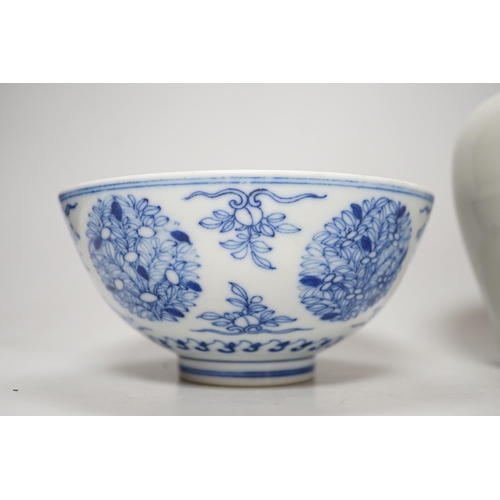 343 - A Chinese underglaze copper red meiping a.f. and a Chinese blue and white bowl. Tallest 15cm