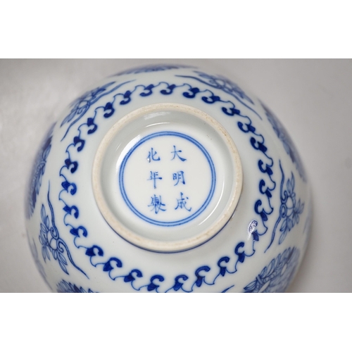 343 - A Chinese underglaze copper red meiping a.f. and a Chinese blue and white bowl. Tallest 15cm