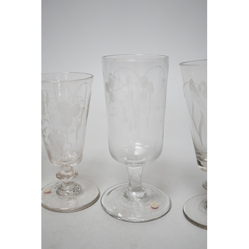 348 - Six Georgian ale glasses, four with wheel engraved bowls. Tallest 15cm