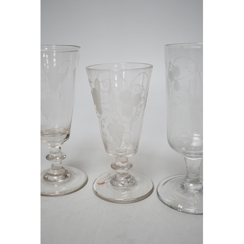 348 - Six Georgian ale glasses, four with wheel engraved bowls. Tallest 15cm