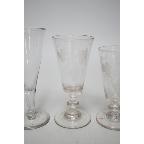 348 - Six Georgian ale glasses, four with wheel engraved bowls. Tallest 15cm