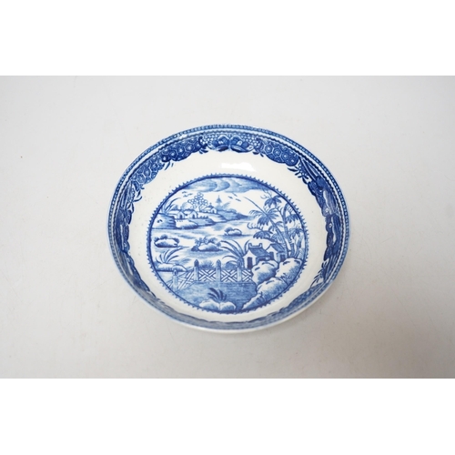 349 - An 18th century Caughley teabowl and saucer printed with the uncommon Fence and House pattern. 6cm t... 