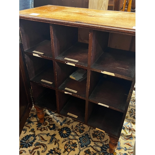 35 - A 19th century French pine side cupboard with pigeonholed interior, width 63cm, depth 31cm, height 8... 