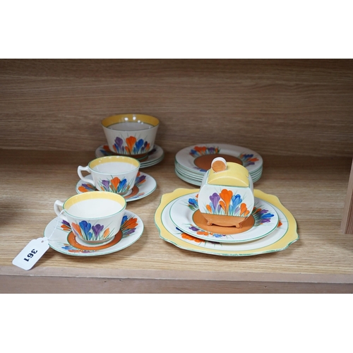 361 - A Clarice Cliff seventeen piece Autumn Crocus part teaset, including a preserve jar and cover