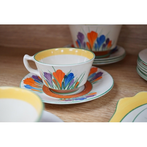 361 - A Clarice Cliff seventeen piece Autumn Crocus part teaset, including a preserve jar and cover