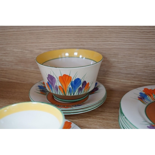 361 - A Clarice Cliff seventeen piece Autumn Crocus part teaset, including a preserve jar and cover