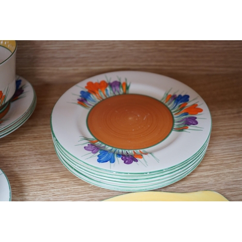 361 - A Clarice Cliff seventeen piece Autumn Crocus part teaset, including a preserve jar and cover