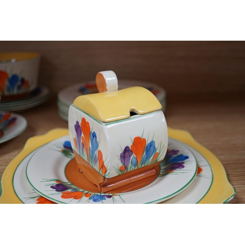 361 - A Clarice Cliff seventeen piece Autumn Crocus part teaset, including a preserve jar and cover