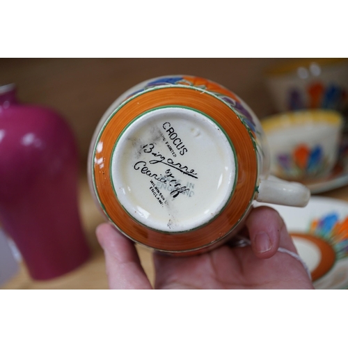 361 - A Clarice Cliff seventeen piece Autumn Crocus part teaset, including a preserve jar and cover