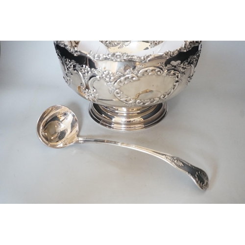 372 - A Sheffield plated punch bowl and a plated soup ladle, bowl 30cms diameter