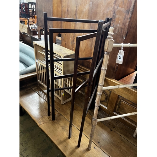 39 - A 19th century faux bamboo folding towel rail together with two mahogany towel rails, largest height... 