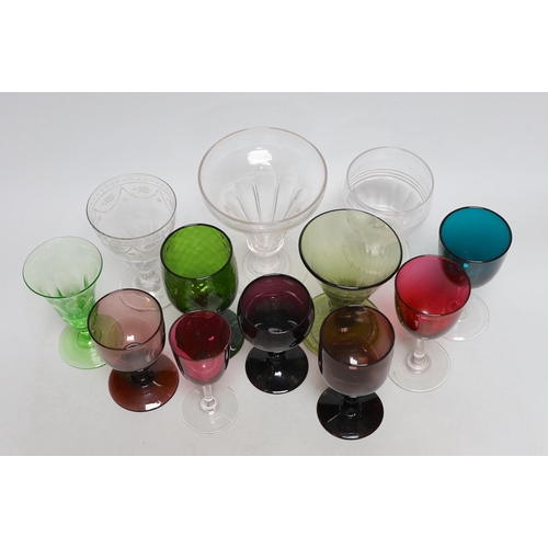 391 - A group of 19th century coloured drinking glasses, and three glass rummers (12). Tallest 15cm