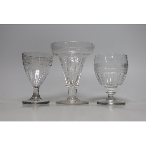 391 - A group of 19th century coloured drinking glasses, and three glass rummers (12). Tallest 15cm