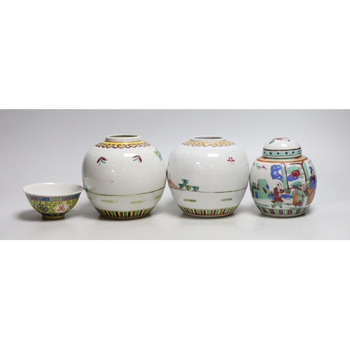 397 - Three Chinese famille rose jars and a similar bowl,  tallest 13cms high