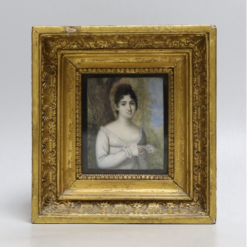 405 - 19th century English School, watercolour on ivory, Miniature of a lady holding a letter, 7 x 5.75cm ... 