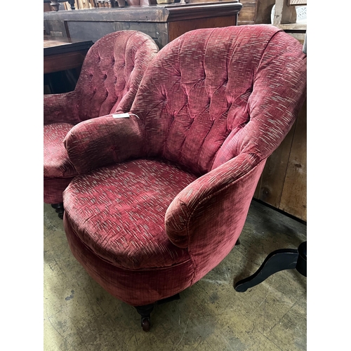 42 - A near pair of Victorian button spoonback armchairs, width 72cm, depth 80cm, height 85cm