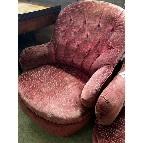 42 - A near pair of Victorian button spoonback armchairs, width 72cm, depth 80cm, height 85cm