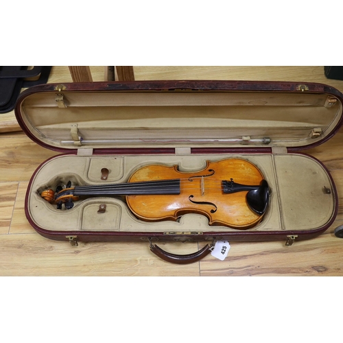 425 - A cased violin, sound post loose